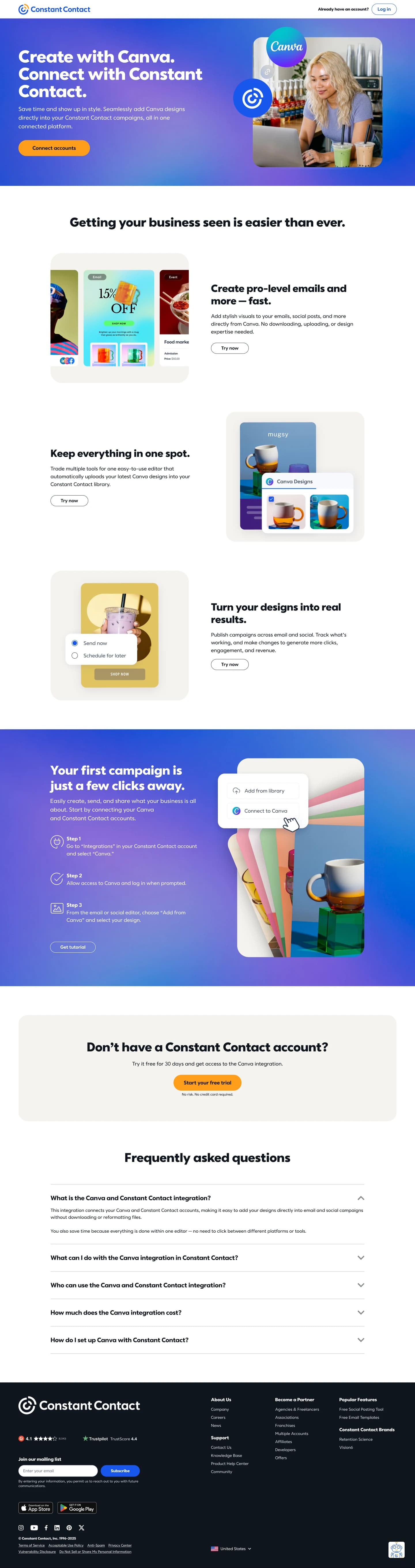 Canva and Constant Contact landing page, with a blue and purple hero and connected design tools
