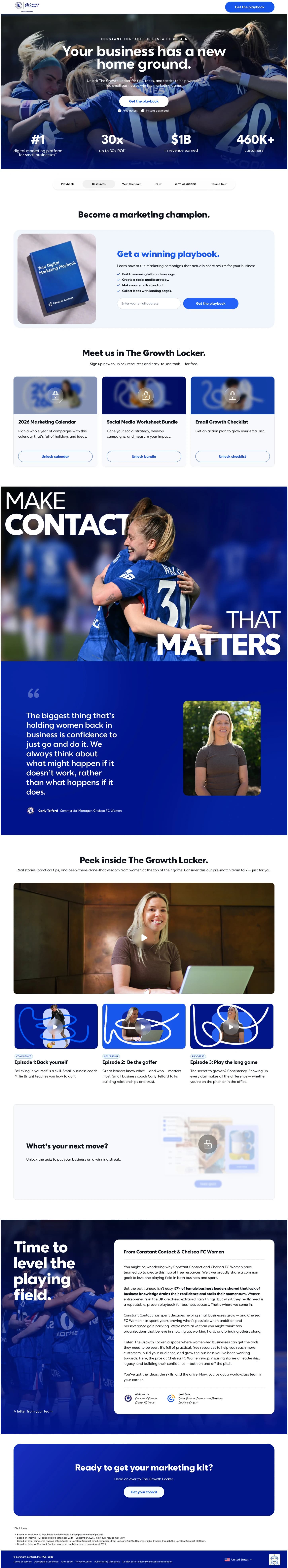 Chelsea FC Women Growth Locker landing page, featuring the team and marketing resources for women-led businesses