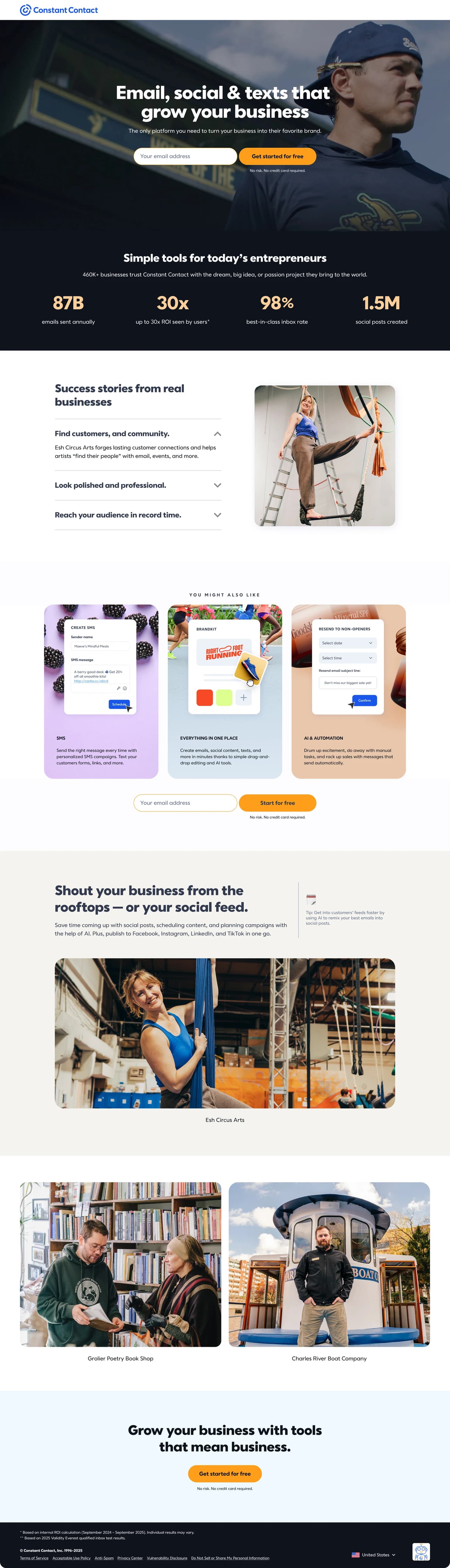 Constant Contact landing page with a small-business owner in the hero and customer success stories