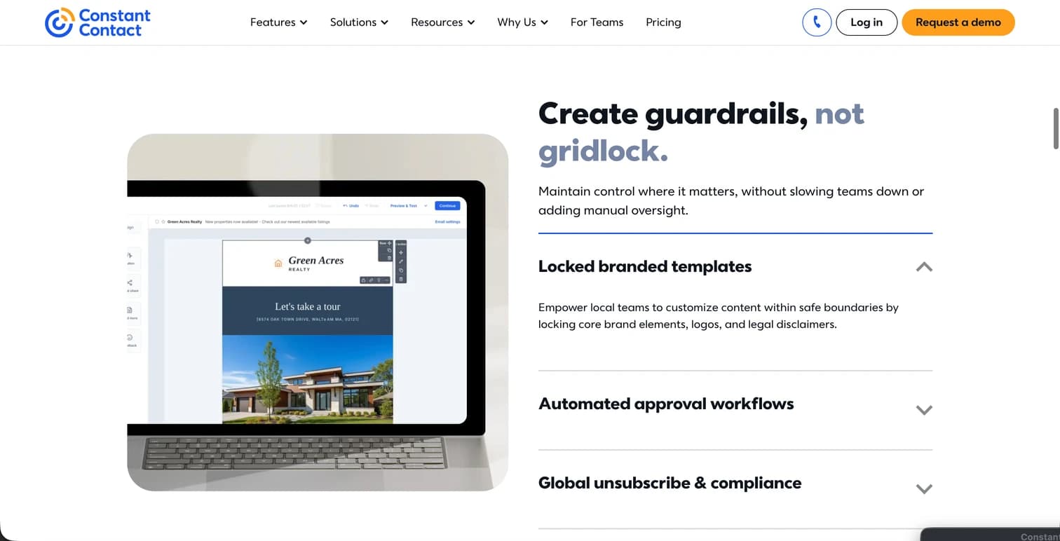 For Teams page showing brand controls, locked templates, and automated approval workflows