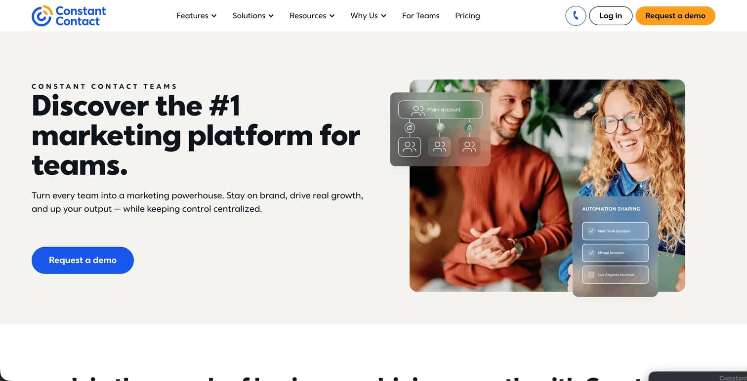 Constant Contact For Teams page, with a team collaboration hero and a request-a-demo call to action