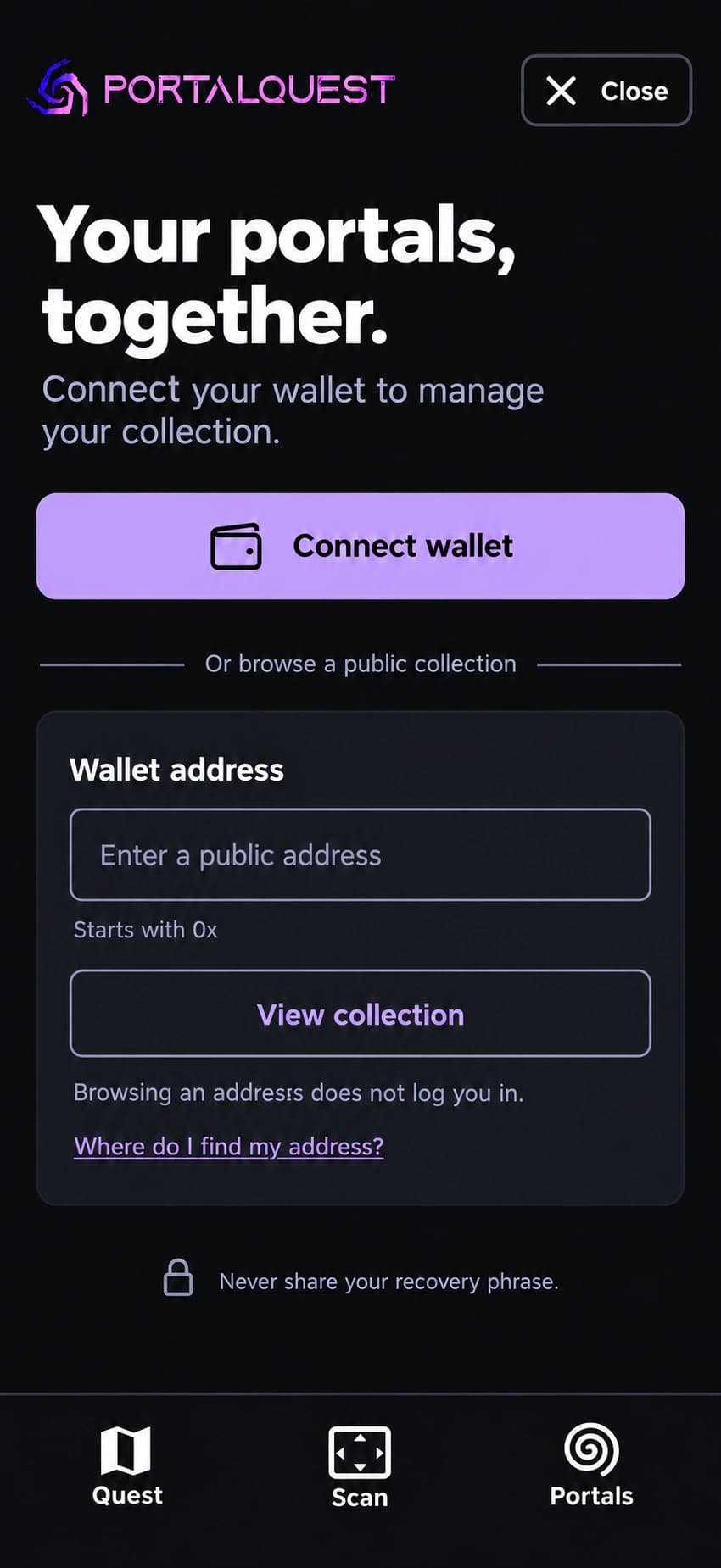 PortalQuest access design with Connect wallet, a labeled public-address field, a separate View collection action, and a Close button